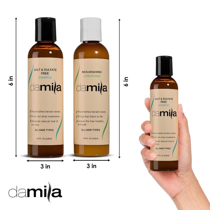 Damila Salt & Sulfate Free Shampoo & Conditioner for Keratin and Color Treated Hair - Professional Keratin Value Pack for Damaged, Frizzy, Curly, Dry & Thin Hair - Shampoo Sin Sal (4.0 Fl Oz) - Image 2